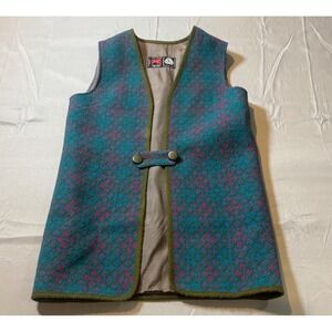 Vintage Welsh Woolens Vest 100% Wool Patterned Green Blue Purple Button Closure